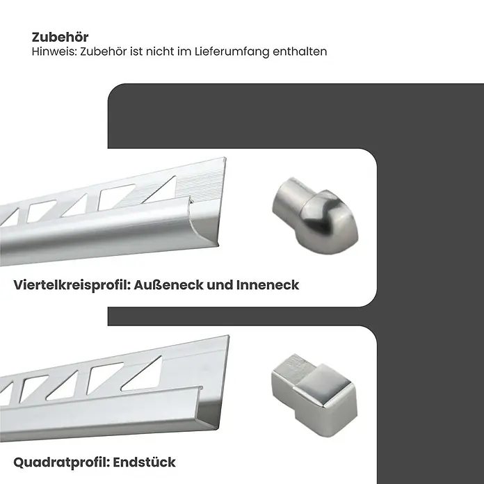 Dalsys Viertelkreis-Profil 2,5m Fliesenschiene 8mm Aluminium Chrom - Aluminium, Silber - Silberne Viertelkreis- und Quadrat-Fliesenprofile mit passenden Eck- und Endstücken.