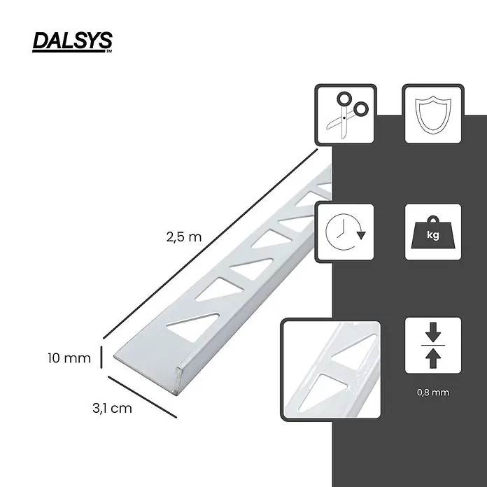 Dalsys Fliesenprofil 2,5m Fliesenschiene 10mm Winkelprofil Aluminium Weiß - Aluminium, Weiß, 250 x 1 cm - Silbernes Metallfliesenprofil, 2,5m lang, 10mm hoch, 3,1cm breit, mit 0,8mm Stärke und perforierter Basis.