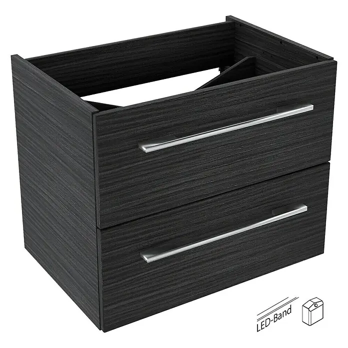 Badmöbel-Set G62D11 - Gesamtbreite Badmöbel: 60 cm, Dark Oak, Matt, 3 -tlg. - Dunkelgrauer Waschtischunterschrank mit zwei Schubladen und modernen, silberfarbenen Griffen.