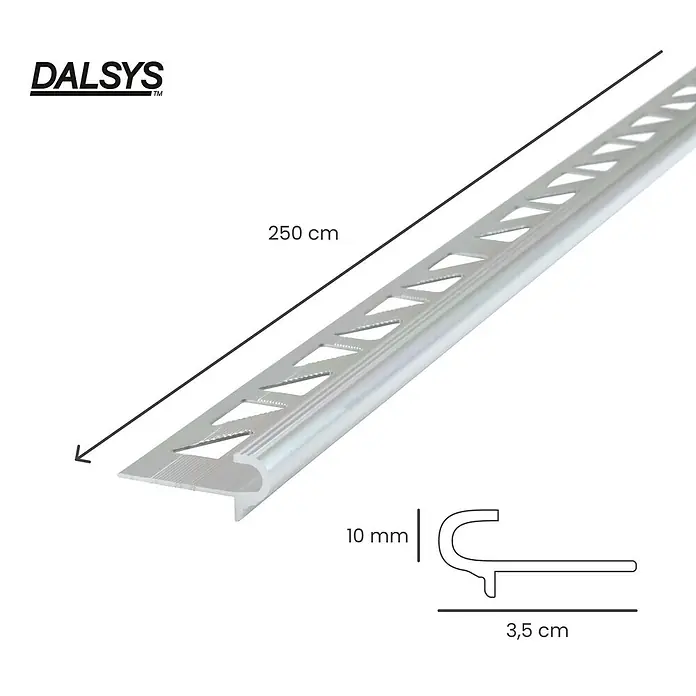 Dalsys Treppenkantenprofil 2,5m x 10mm für Fliesen Silber - Aluminium, Silber - Silbernes Metall-Treppenkantenprofil mit Perforationen für Fliesen, 250 cm lang, 10 mm hoch.