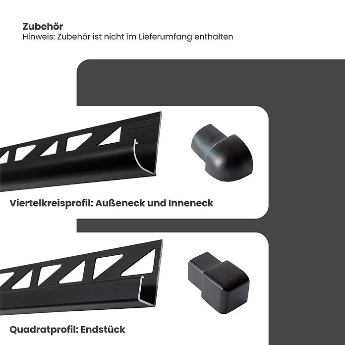 Dalsys Viertelkreis-Profil 5x Fliesenschiene 2,5m x 10mm Aluminium Schwarz - Aluminium, Schwarz - Schwarze Viertelkreis- und Quadratprofil-Zubehörteile mit passenden Eck- und Endstücken.