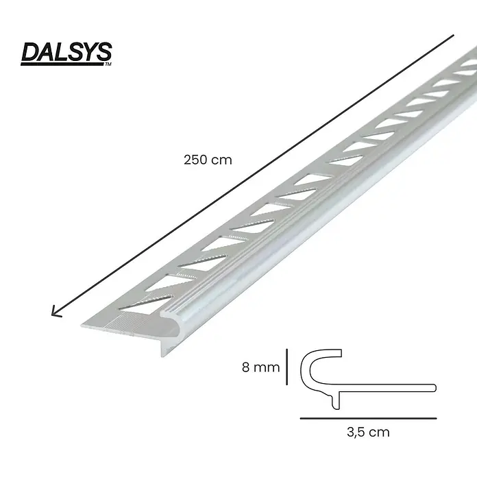 Dalsys Treppenkantenprofil 2,5m x 8mm für Fliesen Silber - Aluminium, Silber - DALSYS silberne Aluminium Fliesenschiene, 250 cm lang, 8 mm hoch, 3,5 cm breit, für Kantenabschlüsse.