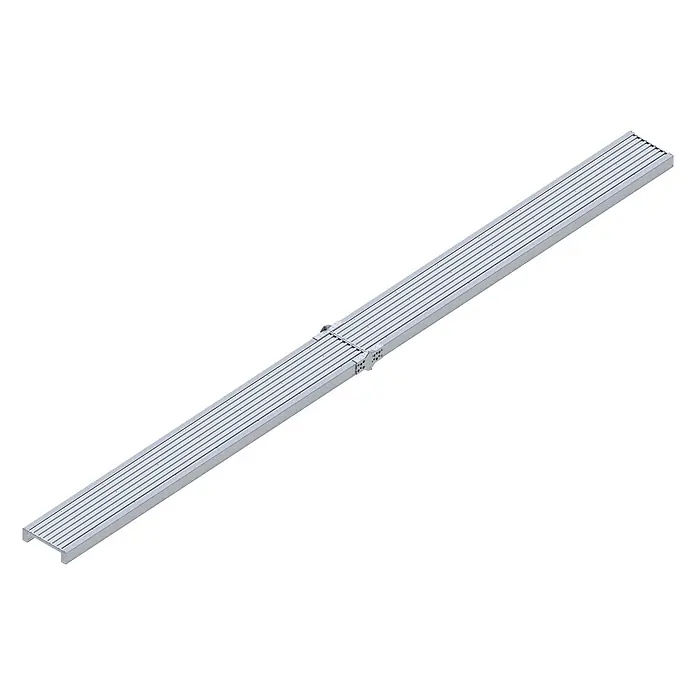 Layher Anlegeleiter Alu Steg 600 faltbar 9,15m Länge - Aluminium - Modulares silbernes Aluminium-Linearrost mit parallelen Lamellen und zentraler Verbindung.