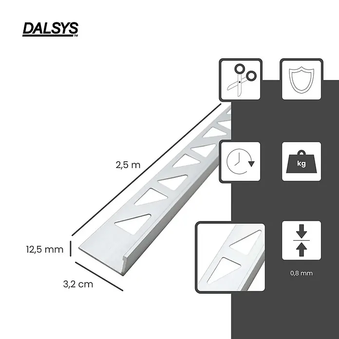 Dalsys Fliesenprofil 2,5m Fliesenschiene 12,5mm Winkelprofil Aluminium Chrom - Aluminium, Silber - Silbernes Metallfliesenprofil, 2,5 m lang, 12,5 mm hoch, mit 3,2 cm Basis, für Kantenschutz und Abschluss.