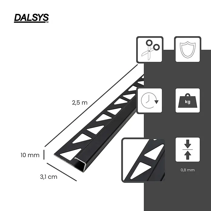 Dalsys Fliesenprofil 2,5m Fliesenschiene 10mm Eckprofil Aluminium Schwarz - Aluminium, Schwarz, 250 x 1 cm - Schwarzes L-förmiges Fliesenprofil mit dreieckigen Perforationen, 2,5m lang, 10mm hoch, 3,1cm breit.