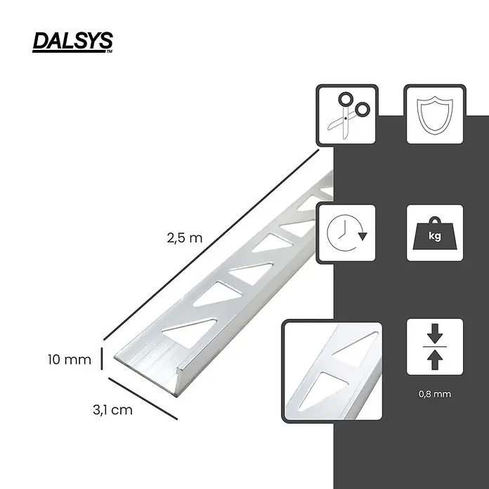 Dalsys Fliesenprofil 2,5m Fliesenschiene 10mm Winkelprofil Aluminium Silber - Aluminium, Silber, 250 x 1 cm - Silbernes Aluminiumfliesenprofil mit dreieckigen Aussparungen, das Hauptabmessungen und Funktionssymbole zeigt.