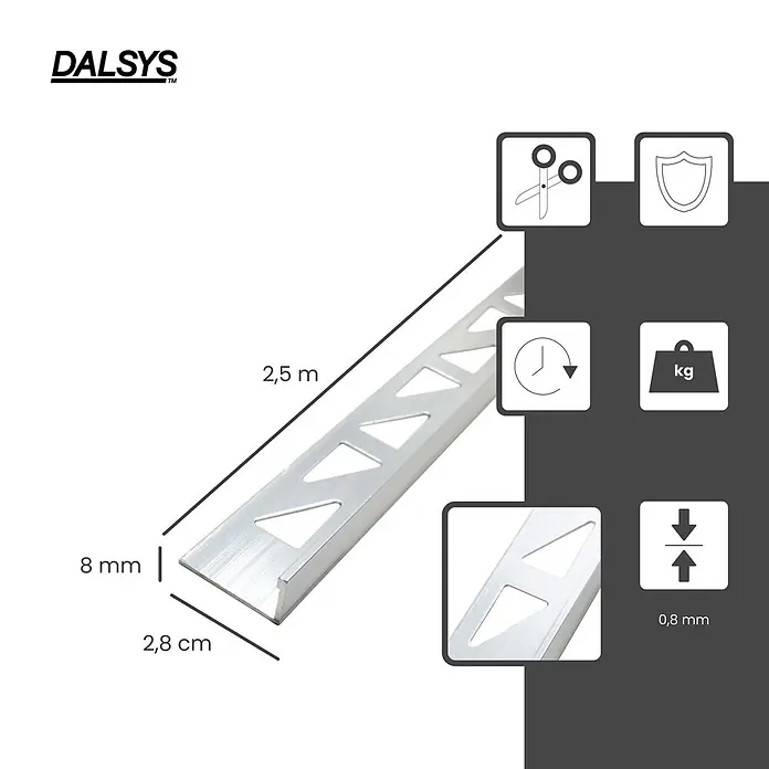 Dalsys Fliesenprofil 5x Fliesenschiene 2,5m x 8mm Winkelprofil Aluminium Silber - Aluminium, Silber, 250 x 8 cm - Silberfarbenes DALSYS Aluminium Fliesenprofil, 2,5 m lang, 8 mm hoch, 2,8 cm breit, mit 0,8 mm Materialstärke.