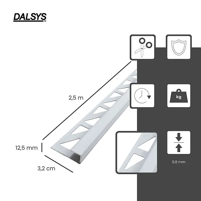 Dalsys Fliesenprofil 2,5m Fliesenschiene 12,5mm Eckprofil Aluminium Weiß - Aluminium, Weiß, 250 x 12 cm - Silbernes Metall-Fliesenprofil, 2,5m lang, 12,5mm hoch, 3,2cm breit und 0,8mm dick.