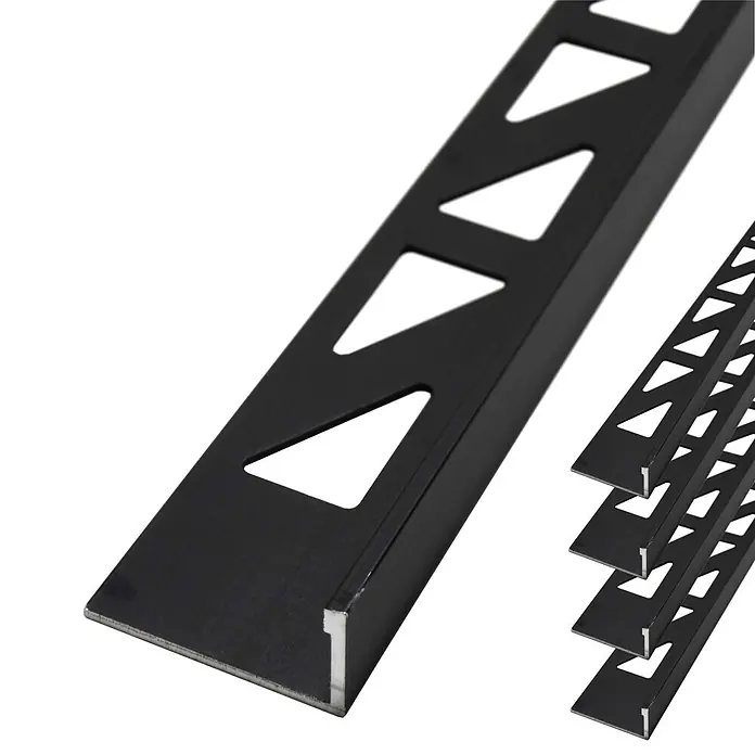Dalsys Fliesenprofil 5x Fliesenschiene 2,5m x 8mm Winkelprofil Aluminium Schwarz - Aluminium, Schwarz, 250 x 8 cm - Schwarzes L-förmiges Fliesenprofil mit dreieckigen Aussparungen für Fliesenkanten.