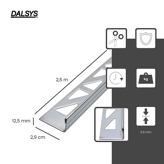 Dalsys Fliesenprofil 2,5m L-Profil Fliesenschiene 12,5mm Edelstahl Winkelprofil Poliert - Edelstahl, Silber - Silbernes L-förmiges Metallfliesenprofil, 2,5m lang, mit dreieckigen Perforationen, für 12,5mm Fliesen. Zum sauberen Fliesenabschluss.