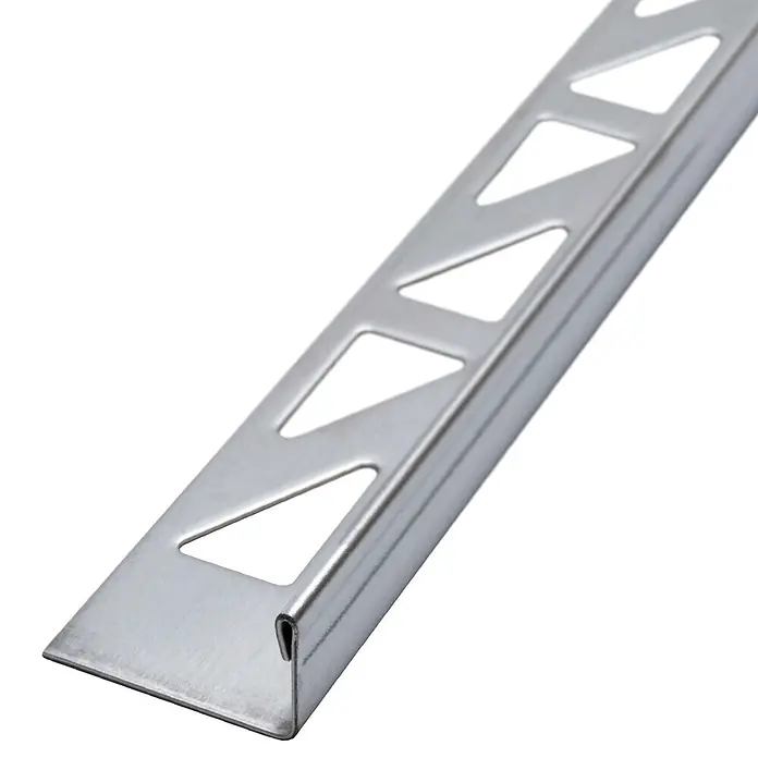 Dalsys Fliesenprofil 2,5m L-Profil Fliesenschiene 8mm Edelstahl Winkelprofil Poliert - Edelstahl, Silber - Silbernes Metallfliesenprofil mit dreieckigen Perforationen für sichere Verankerung in Fliesenkleber.
