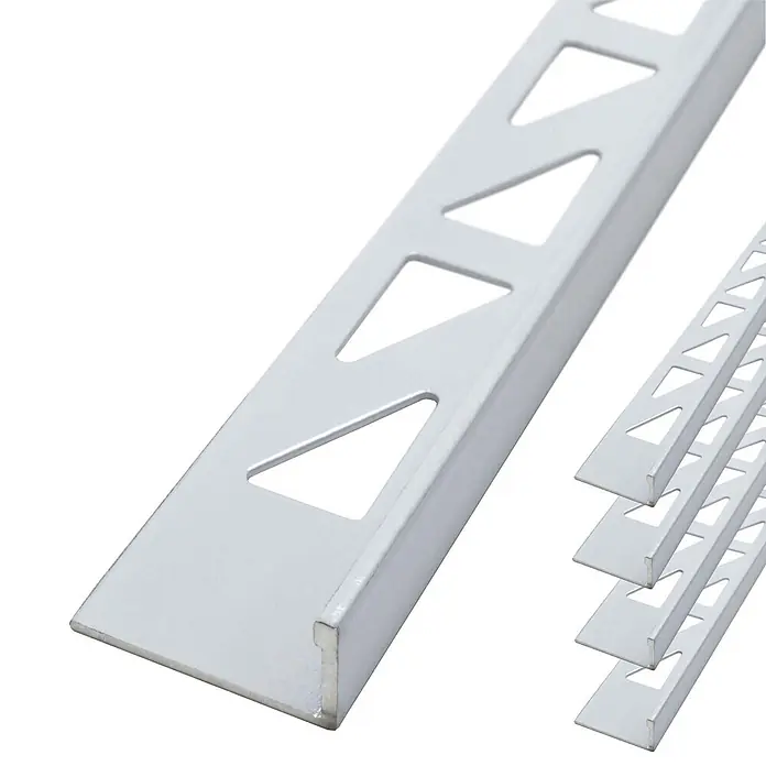 Dalsys Fliesenprofil 5x Fliesenschiene 2,5m x 8mm Winkelprofil Aluminium Weiß - Aluminium, Weiß, 250 x 8 cm - Silberfarbenes L-förmiges Fliesenprofil mit dreieckigen Perforationen am Verankerungsschenkel, für Flieseninstallationen.