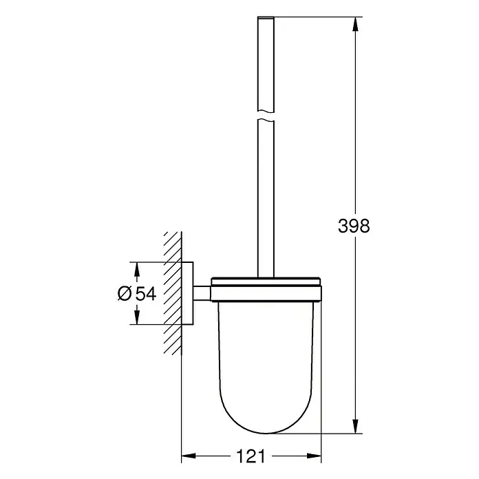 Grohe Essentials WC-Bürstengarnitur - Mit Halterung, Chrom, Glänzend - Technische Zeichnung einer Grohe Essentials Toilettenbürstengarnitur mit den Maßen Ø54, 121 und 398 für die detaillierte Produktplanung.