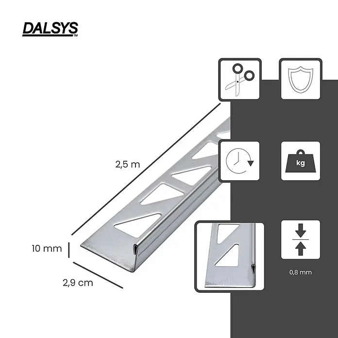 Dalsys Fliesenprofil 2,5m L-Profil Fliesenschiene 10mm Winkelprofil Edelstahl Poliert - Edelstahl, Silber - Silberfarbenes Metall-Fliesenprofil, 2,5 m lang, 10 mm hoch, 0,8 mm dick.