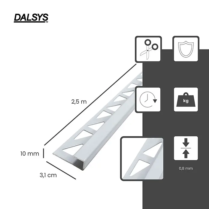 Dalsys Fliesenprofil 2,5m Fliesenschiene 10mm Eckprofil Aluminium Weiß - Aluminium, Weiß, 250 x 1 cm - Silberfarbenes Fliesenprofil, 2,5 m lang, 10 mm hoch, 0,8 mm dick, zum Schutz von Fliesenkanten.