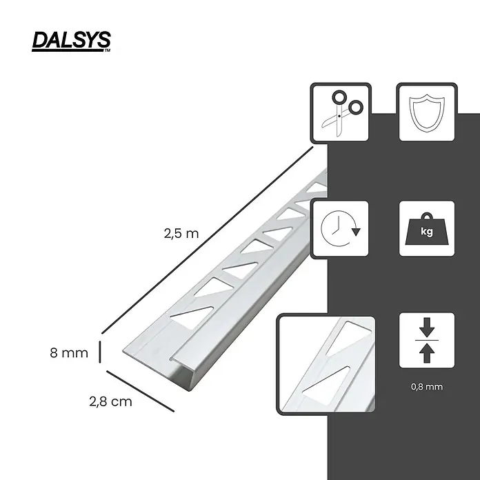 Dalsys Fliesenprofil 2,5m Fliesenschiene 8mm Eckprofil Aluminium Chrom - Aluminium, Silber, 250 x 8 cm - DALSYS silberne Metallfliesenleiste, 2,5 m lang, 8 mm hoch, 2,8 cm breit, 0,8 mm dick.