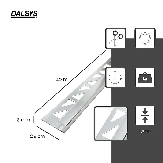 Dalsys Fliesenprofil 5x Fliesenschiene 2,5m x 8mm Eckprofil Aluminium Silber matt - Aluminium, Silber - Silbernes Metall-Fliesenprofil, 2,5m lang, 8mm hoch, 2,8cm breit, 0,8mm dick, mit haftungsfördernden Aussparungen.