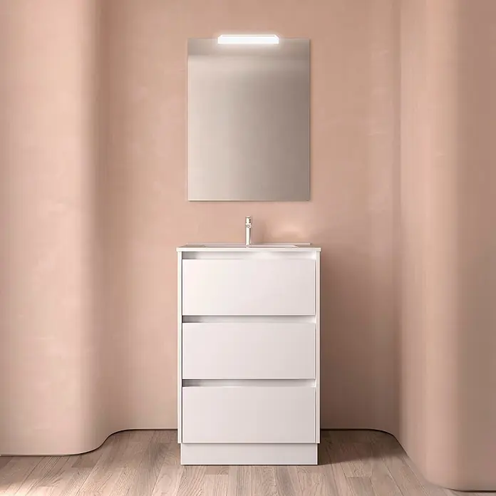 Salgar Badmöbel-Set - Gesamtbreite Badmöbel: 4,5 cm, Weiß - Weißer Badschrank mit drei Schubladen, integriertem Waschbecken, Chromarmatur und rechteckigem Spiegel mit LED-Licht.