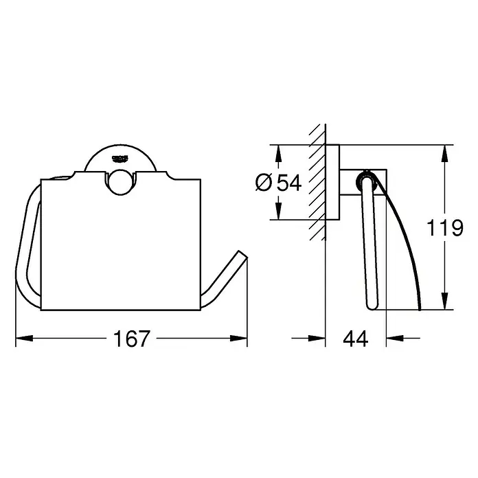 Grohe Essentials Toilettenpapierhalter - Mit Deckel, Chrom, Glänzend - Technische Zeichnung eines Toilettenpapierhalters mit den Maßen: 167 mm Breite, 119 mm Höhe, Durchmesser 54 mm und Tiefe 44 mm.