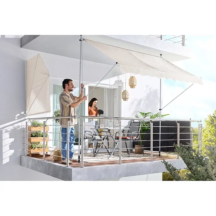 Sunfun Klemmmarkise - Beige, Breite: 3 m, Ausfall: 1,3 m - Ausziehbare beige Balkonmarkise spendet Schatten, mit passendem Seitenrollo für Privatsphäre.