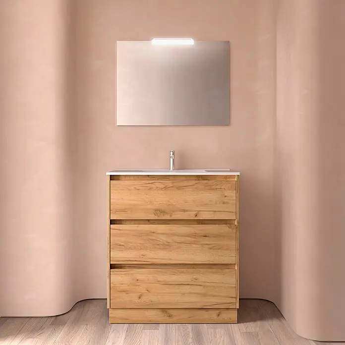 Salgar Badmöbel-Set - Gesamtbreite Badmöbel: 4,5 cm - Hölzerner Badunterschrank mit weißem Waschbecken, Chromarmatur und rechteckigem Spiegel mit LED-Licht.