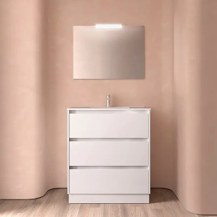 Salgar Badmöbel-Set - Gesamtbreite Badmöbel: 4,5 cm - Weißer Waschtischunterschrank mit integriertem Waschbecken, Chromarmatur und Spiegel mit Lichtleiste.