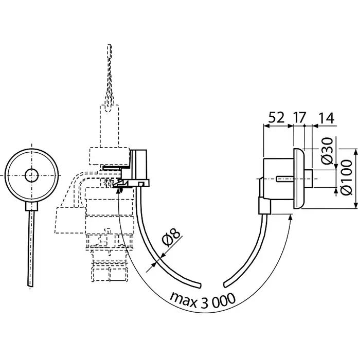 Alcadrain Betätigungsplatte MPO10 - Weiß - Technische Zeichnung eines runden Sensor-/Bedienelements mit flexiblem Kabel (Ø8mm, max. 3000mm) und Maßen.
