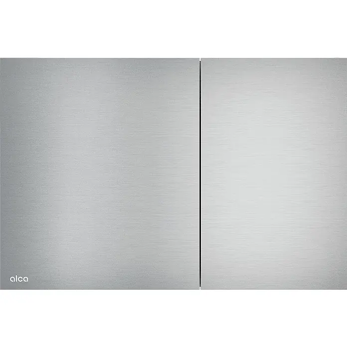 Alcadrain Betätigungsplatte AIR - Alunox-Matt - Gebürstete silberne Metallplatte, evtl. eine Betätigungsplatte, mit dezenter vertikaler Trennlinie und alca-Logo.