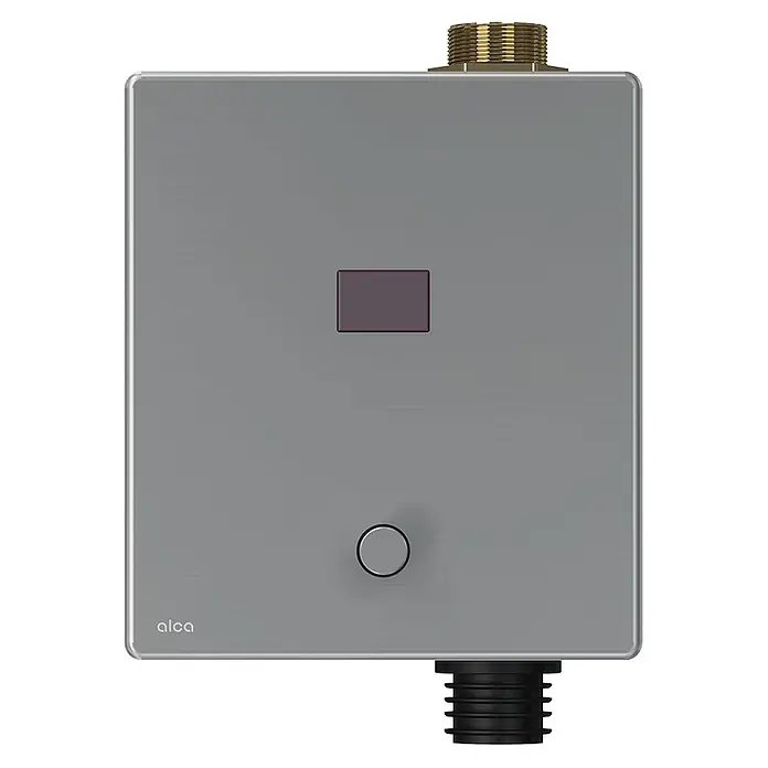 Alcadrain Aufbewahrungsbox-Set ASP3-KBT - Metalloptik - Rechteckige Spülplatte aus gebürstetem Edelstahl mit rechteckigem Sensor, rundem Knopf und Gewindeanschlüssen.