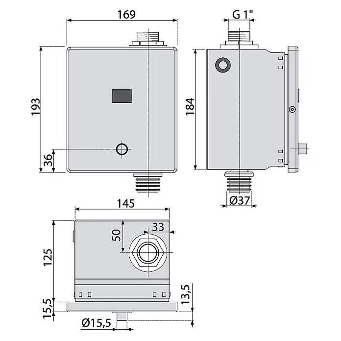 Alcadrain Aufbewahrungsbox-Set ASP3-KBT - Metalloptik - Technische Zeichnung eines grauen, rechteckigen Industriegehäuses mit Maßen und einem G1"-Gewindeanschluss.