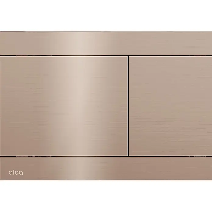 Alcadrain Betätigungsplatte FUN-RG-P - Rotgold - Gebürstete roségoldene Doppelspülplatte mit zwei Knöpfen und 'alca'-Logo.