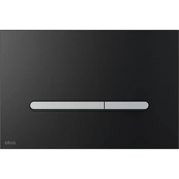Alcadrain Betätigungsplatte Alcadrain WC - Betätigungsplatte RAY-GL1204 Glas-Schwarz - Schwarz - Schwarze Spülplatte mit zwei horizontalen silbernen Dual-Flush-Tasten und 'alca'-Logo.