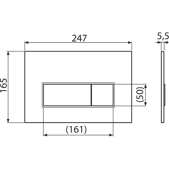 Alcadrain Betätigungsplatte M57-BR-M - Messing - Technische Zeichnung einer rechteckigen Spülplatte mit zwei Tasten, Maße: 247x165x5.5mm.