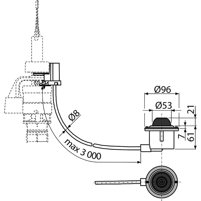 Alcadrain Betätigungsplatte MPO12 - Chrom - Technische Zeichnung eines flexiblen Überlauf- und Ablassstopfens. Mit max. 3000mm Schlauch (Ø8) und Ablauf (Ø96, Ø53).