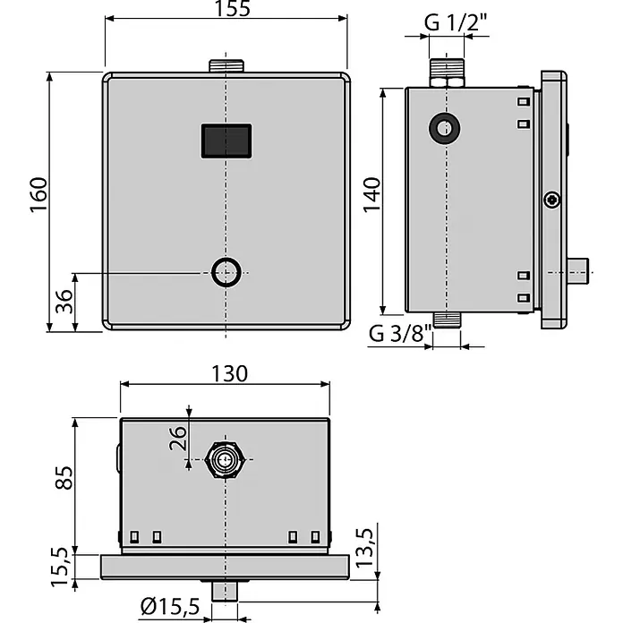 Alcadrain Betätigungsplatte ASP4-KT -  - Technisches Schaltplan eines rechteckigen, grauen Steuergeräts mit Abmessungen und G 1/2" und G 3/8" Rohrverbindungen.