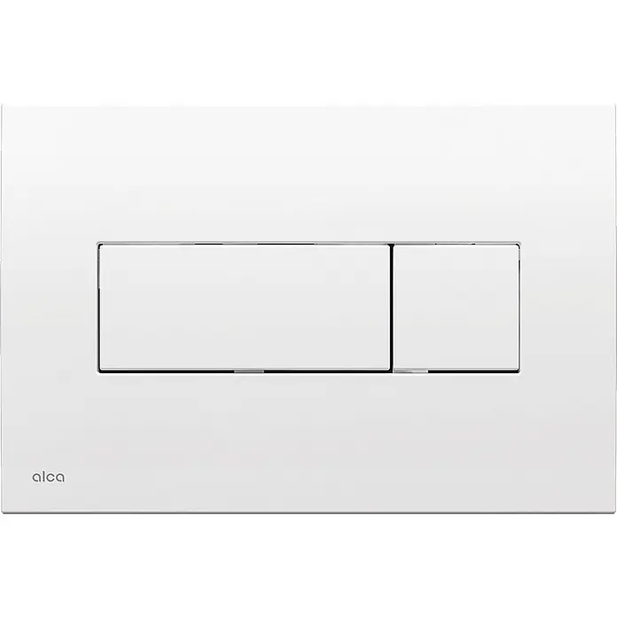 Alcadrain Betätigungsplatte M370 - Weiß - Weiße WC-Betätigungsplatte mit zwei Spültasten (eine lang, eine quadratisch) und "alca" Logo.
