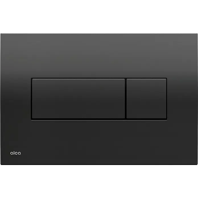 Alcadrain Betätigungsplatte Alcadrain WC - Betätigungsplatte M378 Schwarz-Glanz - Schwarz - Schwarze rechteckige WC-Betätigungsplatte mit Zwei-Mengen-Spülung und 'alca'-Logo.