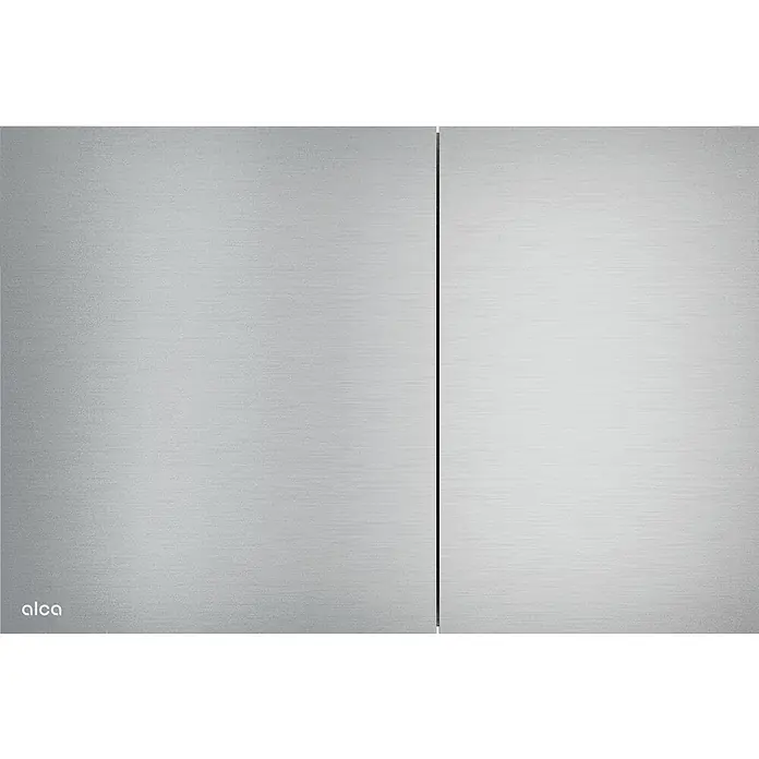Alcadrain Betätigungsplatte AIR-INOX - Edelstahl - Gebürstete Metall-Zweimengenspülplatte mit zwei Betätigungstasten, durch eine vertikale Linie geteilt.
