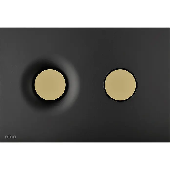 Alcadrain Betätigungsplatte Alcadrain WC - Betätigungsplatte M1978-7 Dot.Dot.Schwarz-Matt / Gold-Matt - Gold, Schwarz Matt - Schwarze Spülplatte mit zwei goldfarbenen runden Tasten, eine vertieft, von alca.