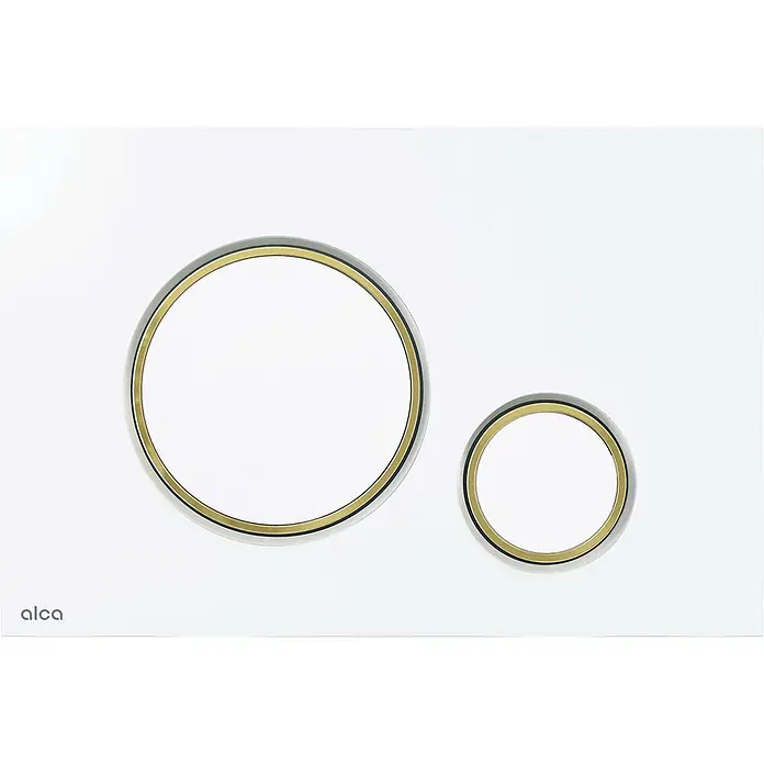 Alcadrain Betätigungsplatte M775 - Gold, Weiß - Weiße Toilettenspülplatte mit zwei runden Knöpfen, gold-grau umrandet. Marke Alca.