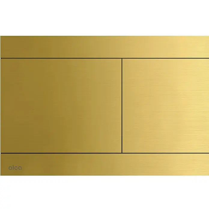 Alcadrain Betätigungsplatte FUN-BRASS - Messing - Goldene Toilettenspülplatte aus gebürstetem Metall mit geteiltem Design und Alca-Logo.