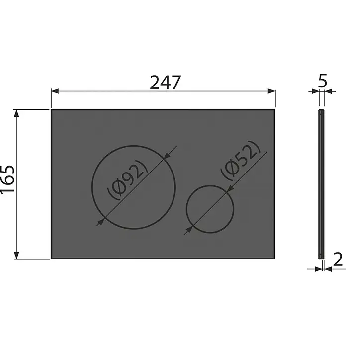 Alcadrain Betätigungsplatte TURN-BLACK - Schwarz Matt - Technische Zeichnung einer dunkelgrauen rechteckigen Platte, 247x165x5mm, mit zwei runden Löchern (Ø92mm, Ø52mm).