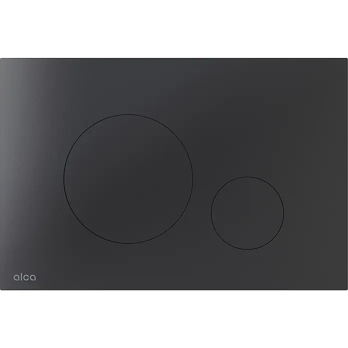 Alcadrain Betätigungsplatte TURN-BLACK - Schwarz Matt - Mattschwarze Toilettenspülplatte mit großen und kleinen runden Tasten und Alca-Logo.