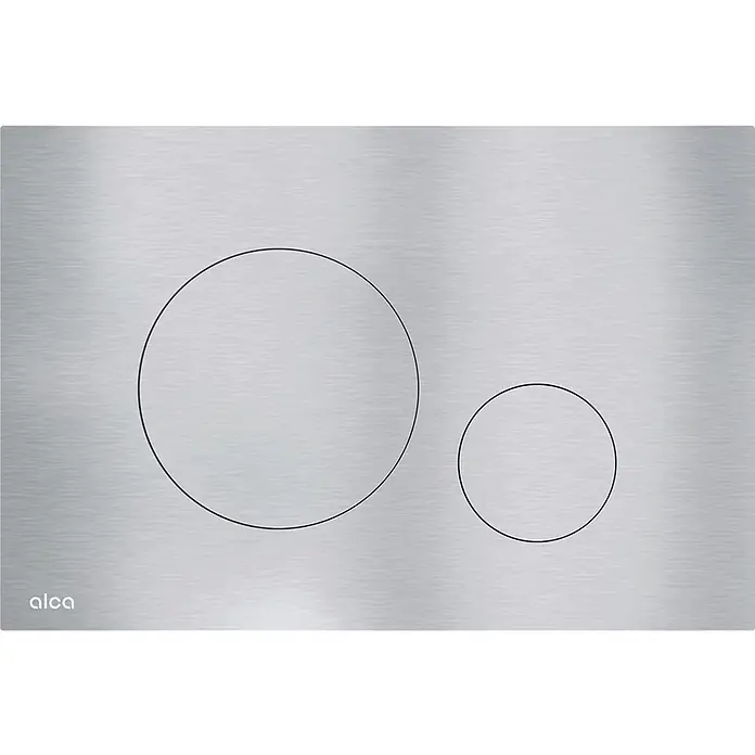 Alcadrain Betätigungsplatte TURN-INOX - Edelstahl - Gebürstete Metall-Zweimengenspülplatte mit zwei runden Tasten und 'alca'-Logo.