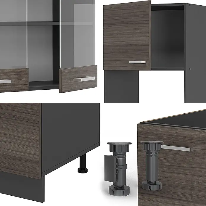 Vicco Eckküche R-Line Edelgrau/Anthrazit, AP Anthrazit - B x T: 247 x 60 cm, Edelgrau, Ohne Elektrogeräte - Modulare Küchenschränke mit dunkelbraunen Holzmaserungsfronten, grauen Rahmen, silbernen Griffen und verstellbaren Füßen.
