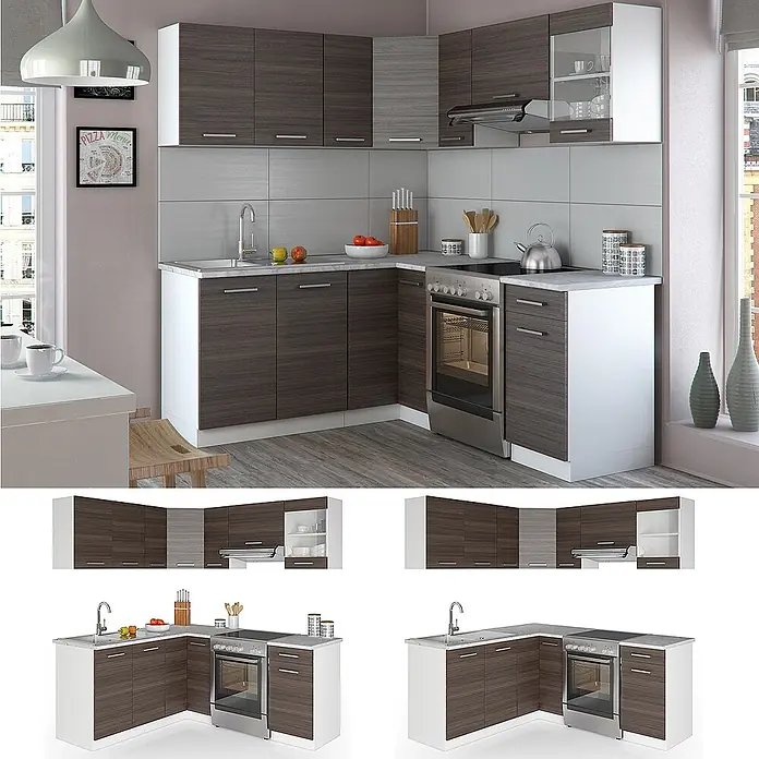 Vicco Eckküche Rick Edelgrau/Weiß, AP Marmor - B x T: 190 x 60 cm, Edelgrau, Ohne Elektrogeräte - L-förmige Küchenzeile mit dunklen Holzschränken, weißem Sockel und hellen Arbeitsplatten. Inklusive Spüle, Kochfeld, Backofen und Hängeschränken.