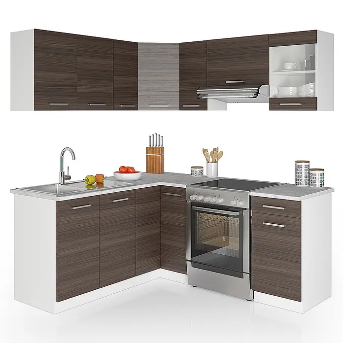 Vicco Eckküche Rick Edelgrau/Weiß, AP Marmor - B x T: 190 x 60 cm, Edelgrau, Ohne Elektrogeräte - L-förmige Küchenzeile mit dunkelbraunen Holz- und weißen Schränken, heller Arbeitsplatte, Spüle und Edelstahlofen/Kochfeld. Inklusive passender Oberschränke.