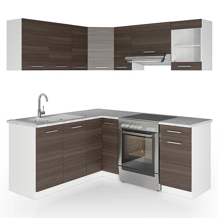 Vicco Eckküche Rick Edelgrau/Weiß, AP Marmor - B x T: 190 x 60 cm, Edelgrau, Ohne Elektrogeräte - L-förmige Küche mit dunklen Holzschränken, weißen Seiten, heller Marmor-Arbeitsplatte, Edelstahlspüle, Wasserhahn, Backofen und Dunstabzugshaube.