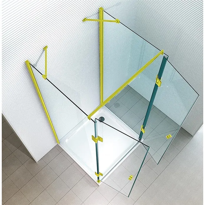 Glaszentrum Hagen U-Duschkabine 80x80x80x195 cm Ares U-Duschkabine GOLD - Imprägniert, Farblos - Duschkabine mit klaren Glaspaneelen, leuchtend gelben Rahmen und einer weißen Wanne in einem modernen Bad.