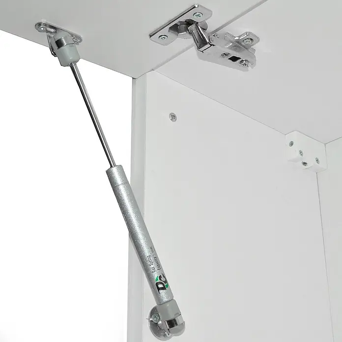 Vicco Eckküche Rick Edelgrau/Weiß, AP Marmor - B x T: 190 x 60 cm, Edelgrau, Ohne Elektrogeräte - Silberner Gaslift und Chromscharniere, die eine weiße Schranktür oder -klappe stützen.